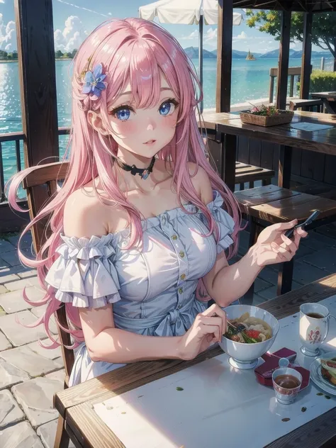 (masterpiece, best quality), 4k, ultra high res, high resolution, 
Extremely cute and beatiful 1 girl, bloom, photographic face, photographic eyes, (iridescent aura1.1), a perfect contract of light and shadow, the sky of restaurant,
pink long hair, clean b...