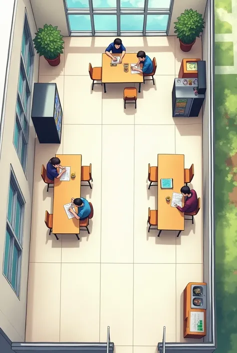 A plan of a school cafeteria that has two desks and two tables
