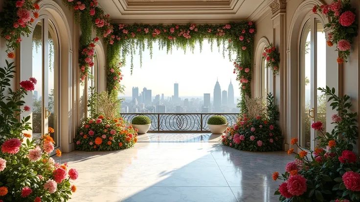 wide shot of a penthouse veranda, with a lot of flowers and marble

