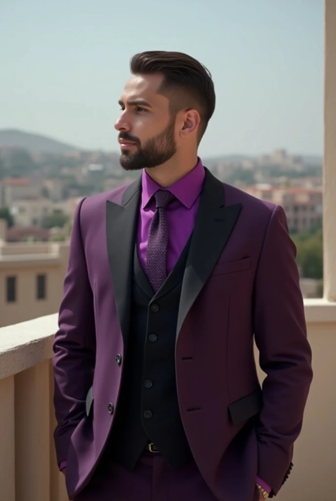   araffe dressed in a purple shirt and a black vest standing On the balcony, . Photo inspired by Osman Hamdi Bey  ,  instagram , Realism, , a man wearing an elegant purple suit ,  Beautiful prince both male and female , Smooth in  _ background, Upload high...