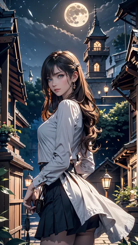 A dark-haired girl walking through a castle garden on a full moon night