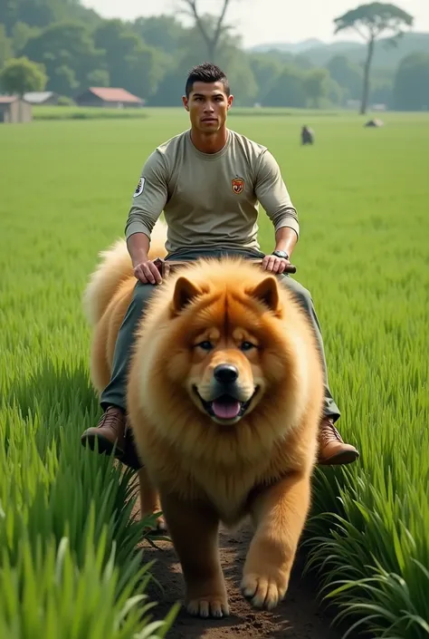 Cristiano Ronaldo rides a chow while plowing a rice field