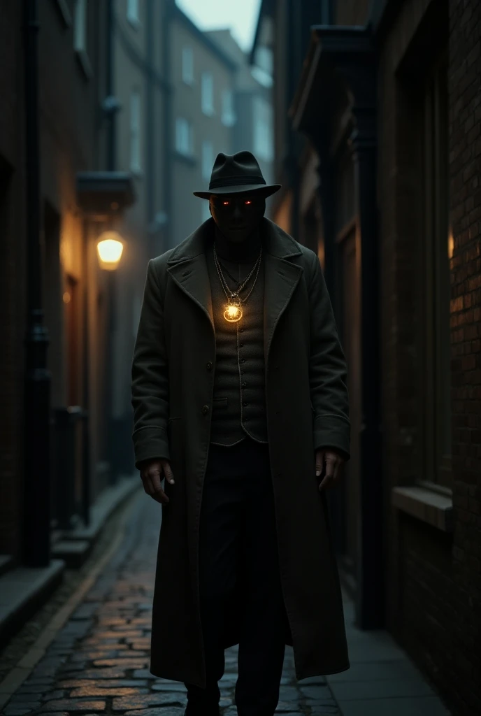  Person wearing old time travelers clothing in an alley in England wearing a mask, watches, etc.. At night in the dark and let a watch around your neck light up a little 