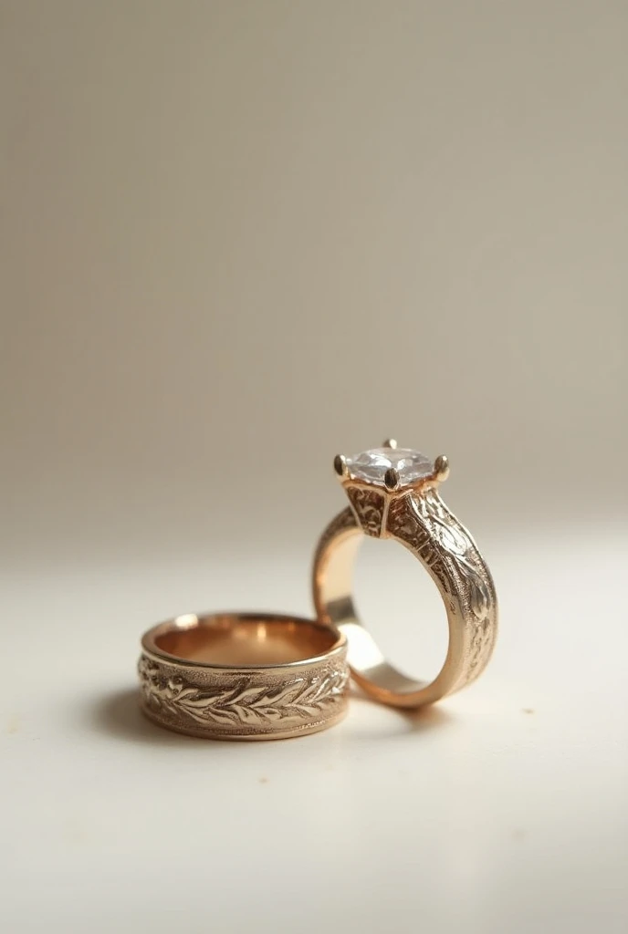 Pair of wedding rings with elegant carved design and with a precious stone, But may the alliances be wide and smooth.
