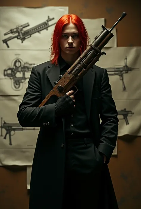 a 20 year old boy,  with very long straight red hair and red iris eyes , wearing black pants and a heavy black suit . He holds a pneumatic wooden gun . On the wall in the background,  there are several drawings of diagrams of weapons and machines on white ...