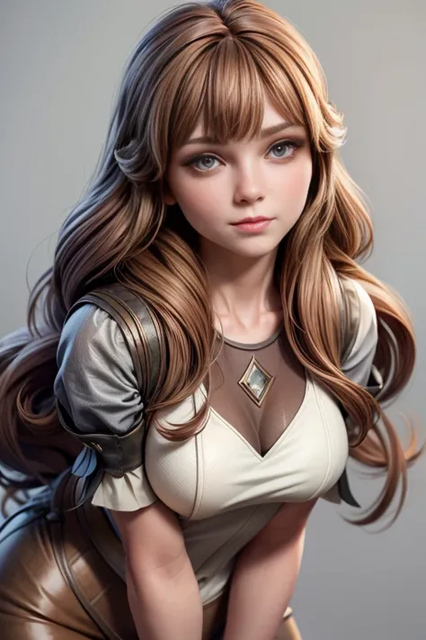 Young woman from medieval times ,  long honey-brown hair with bangs and half-curled ends, grey eyes, firm stance, confident expression,  masterpiece , super detail,  lyrics,  plain white background , without patterns, No textures. 