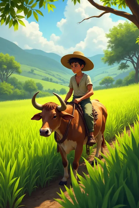 luka madrid rides a cow while plowing a rice field