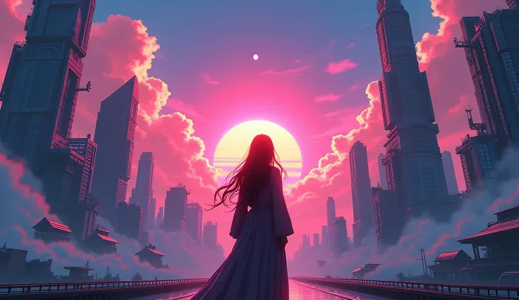  Mainly city close-ups with neon sunsets in the background, Cyberpunk aesthetics, The city background is cyberpunk, Cyberpunk city background Cyberpunk atmosphere , animeスカイ, in Makoto Shinkaiのスタイル, Soft fluffy clouds. anime, Makoto Shinkaiのスタイル, Makoto Sh...