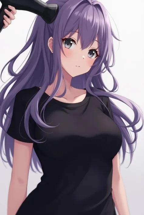 Anime Beautiful woman with purple hair with white highlights , gray eyes, voluptuous, in a black t-shirt and with her hair dryer raffling it off