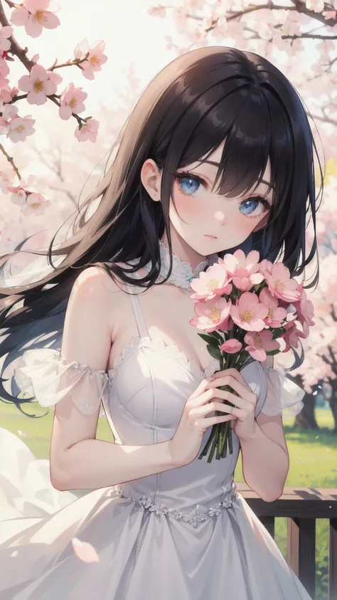    Black Long Straight Hair,    Wedding Dress， white dress,   blue eyes，  Holding flowers  , healthy skin, Outdoor scenery, Cherry Blossoms Flying,  Bright natural light    ,    The sun shines in from the top left,  A warm and gentle atmosphere , Side Angl...