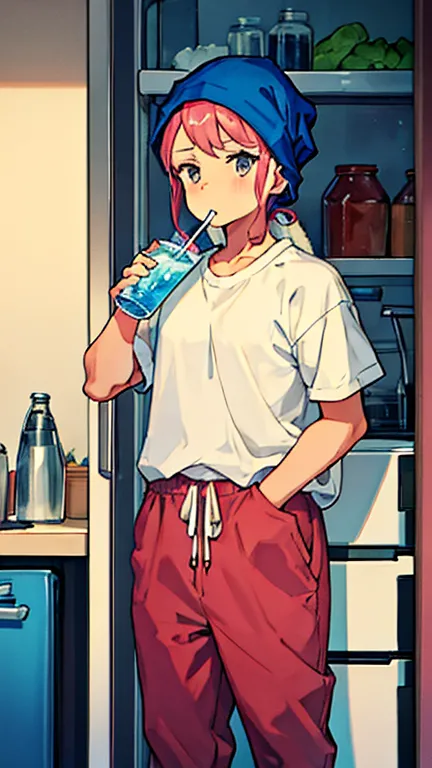 a person with head wrapped in towel next to refrigerator holding a drink, pants, shirt