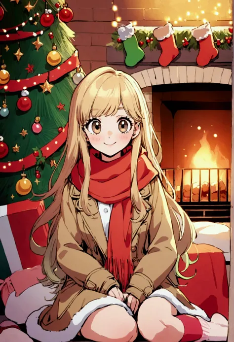 80s cartoon city pop girl with long hair sitting in front of a fire fireplace in winter, wearing a brown coat and red scarf, dangling green red socks celebrating Christmas