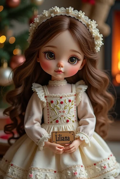 Christmas doll with brown hair and name on a small board "Liliana"