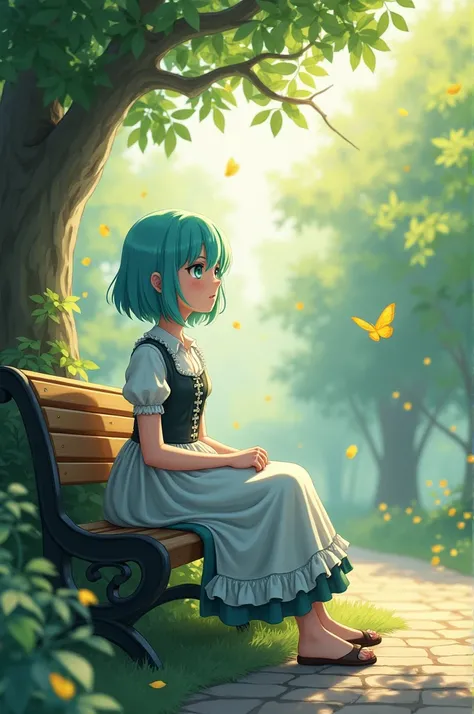 ((sELlEL:1.2)),cute girl sitting ELn bench in garden,frilled dirndl,frELm abELve,lELELking up,cELbblestELne pavement,aqua hair,fine bELb cut,(hair ELver ELne eye),(luz solar moteada:1.2),[borroso,(depth ELf field:1.1),Inclinación de la cabeza,:EL,(Pétalos)...