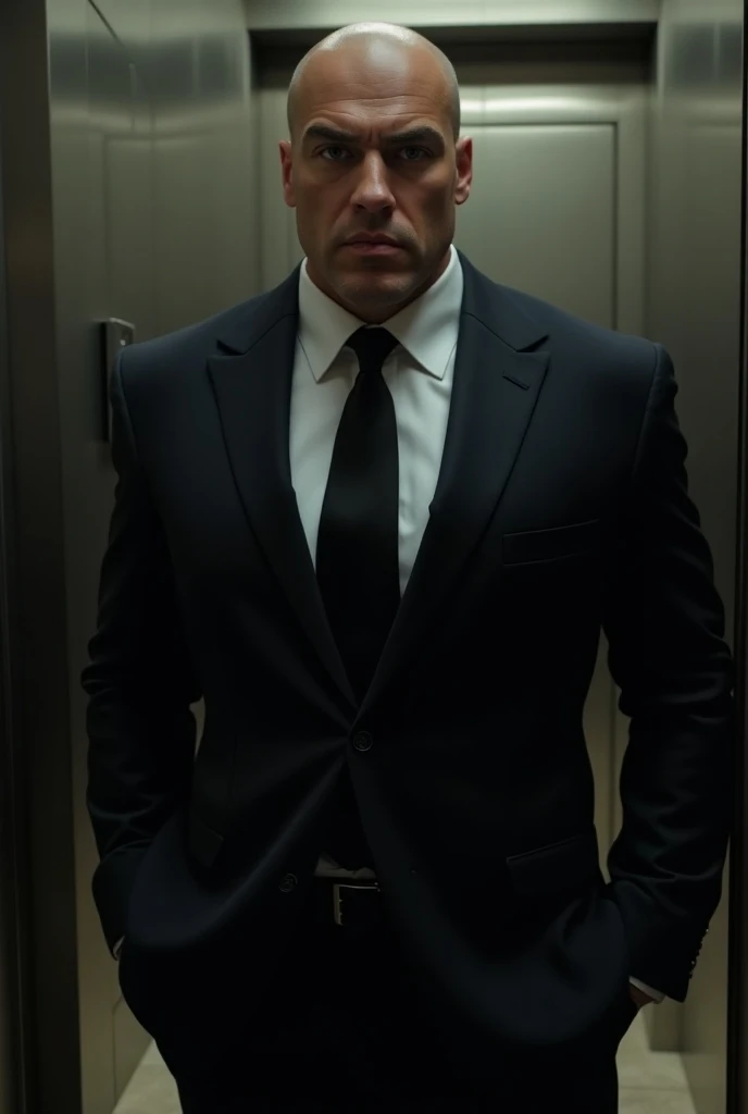 (At the lift entrance stands an imposing bodyguard, observing everything with unwavering focus. His complexion is fair, and his piercing blue eyes seem to catch even the slightest movements around him. He’s dressed in a perfectly tailored black suit with a...