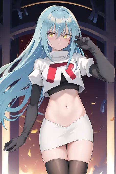 absurdres, cowboy shot, solo, male focus, trap, 1boy, crossdressing,1boy,  rimuru tempest, tensura, yellow eyes, blue hair, long hair, 1other, hair between eyes, looking at viewer, bangs, solo, androgynous, blue colored eyelashes, shiny hair, team rocket,t...