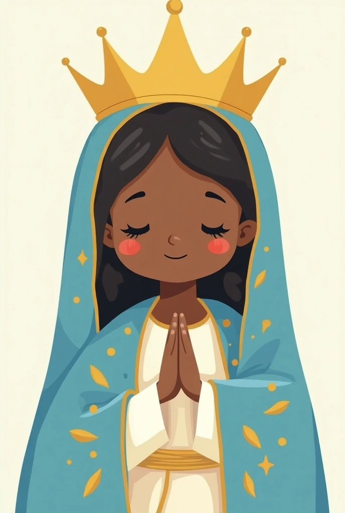 Virgin Mary, black skin, blue cloak adorned in gold, white tunic, hands folded in prayer, eyes closed, a golden crown on her head. The images art style is like and adorable illustration, with soft, rounded strokes, soft colors, and a playful aesthetic. The...