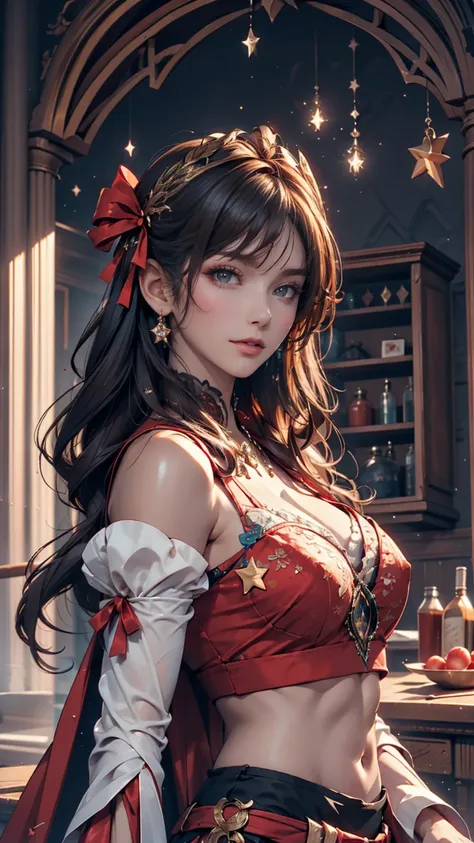 (( extremely detailed)),(Super detailed),  extremely fine CG Unity 8K Wallpaper, velvet, Ornaments, Red Hood,  crop top, Star Headdress,  puff sleeve, lips,  facing sideways, close-up, Turn your head,  fine eyes with a dreamy expression 