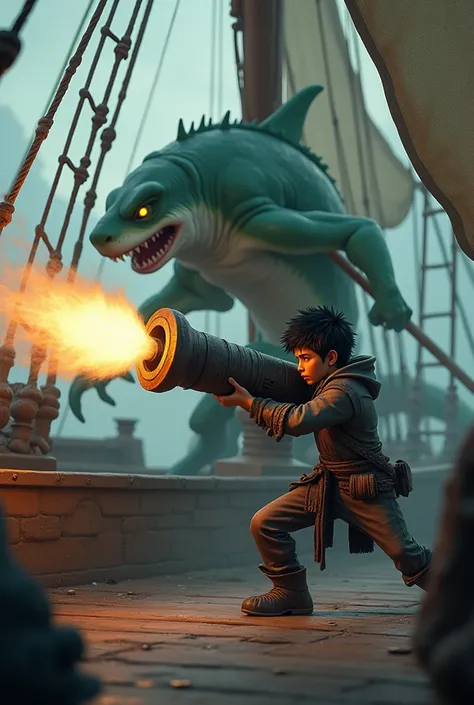 A young gray-skinned man with black hair, green robes, handsome face, firing a large cannon on wheels at a green humanoid shark with arms, legs, and a spear, inside the bow of a wooden ship, (best quality,4k,8k,highres,masterpiece:1.2),ultra-detailed,(real...