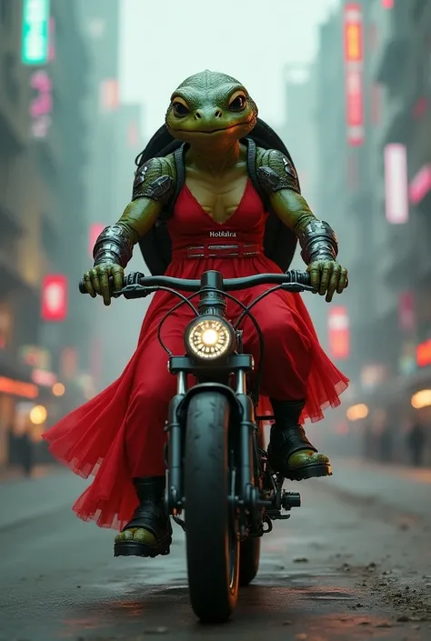 A cyberpunk turtle in red dress on bike and holdara written inside dress