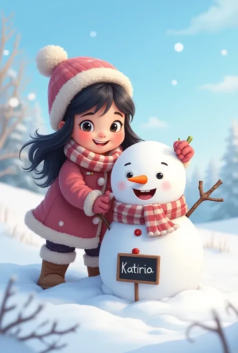 Girls snowman with black hair and a name on a small board "Katiria "