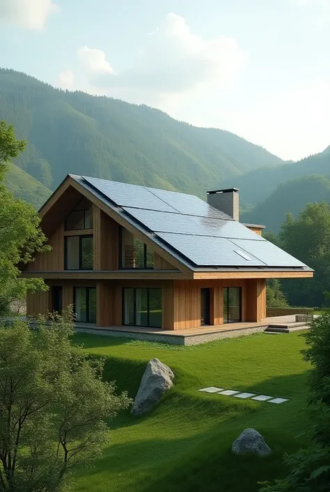 Create a house that has solar panels and rainwater collectors 