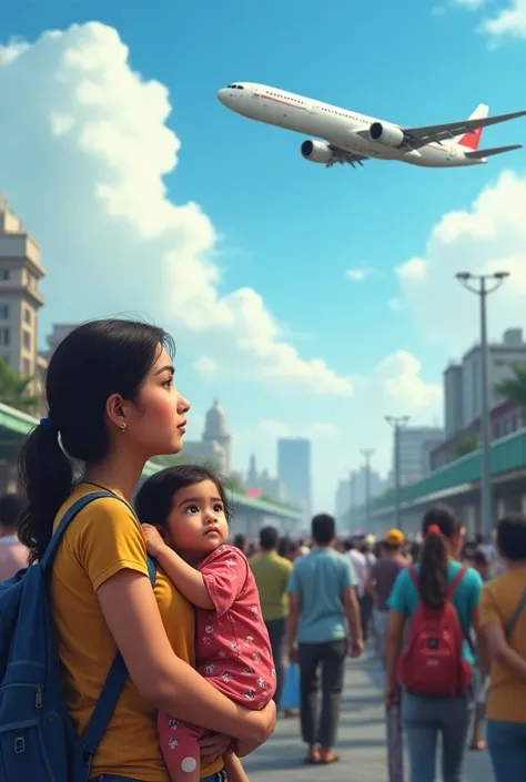 1.Agargaon metro station dhaka
2.A working mon with her baby girl
3.that baby girl age s,she is on her monthers hand.
4.they see a aeroplan on sky

