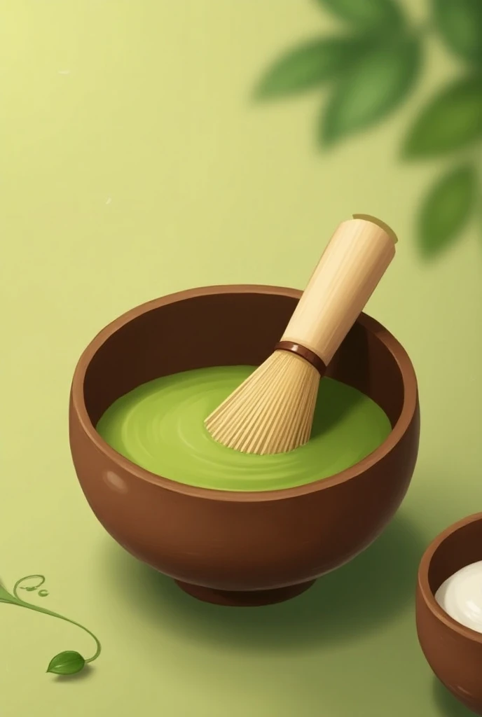 Matcha tools with bowl and whisk. Anime. The whisk in the bowl. Hot matcha tea. A little spill around. tea leaves. 2D. Matcha tea in the bowl. Cute. Elegant. Wood bowl. 