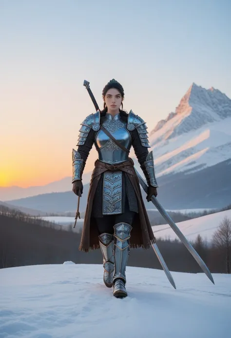 long black hair, white skin, warrior princess, wearing blue armor, holding long sword, in snowy mountain at sunset, walking forward along with black horse with armor, in background there are majestic castle