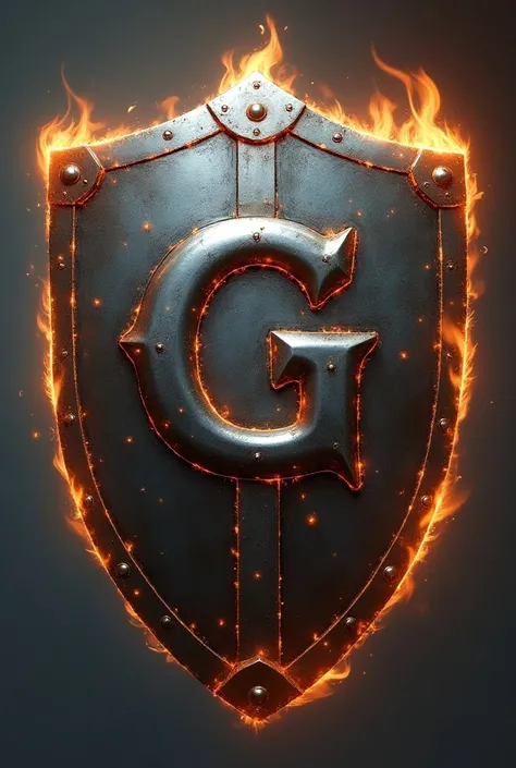 Letter G shiny stainless iron shield with fire spark with archaic Fathers Day symbol