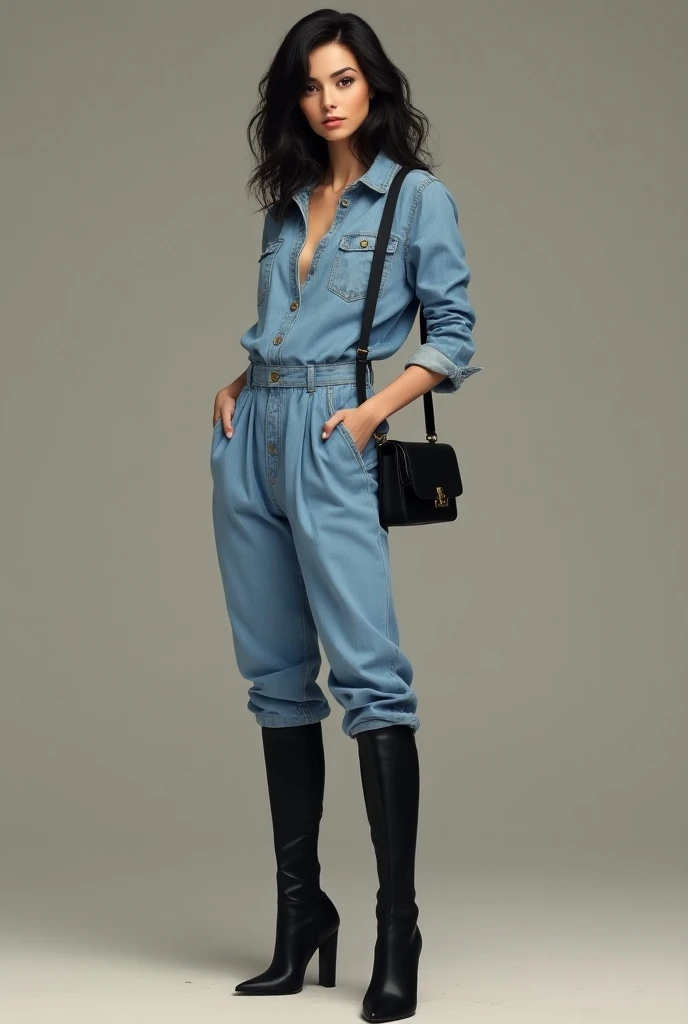 woman in loose light blue denim jumpsuit tucked in knee-high high heeled black boots 