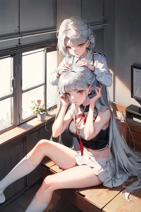 (( The best quality)), ((masterpiece)), (  text), (4k), 1 girl, ((sitting)), ((with a tight miniskirt)), ((neckline)), (( silver hair)), ((Beautiful hair)), ((white panties)), ((red eyes)), (( with her hands on her head )), ((25 years old)), (( front view)...