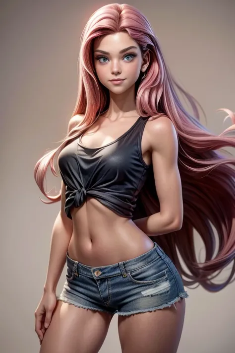 young girl,  long pink hair ,  blue eyes , firm stance, confident expression,  seductive smile , denim shorts ,  open black shirt and a top, firm stance, confident expression,  Dynamic Pose , face to the camera,  masterpiece , super detail,  lyrics,  plain...