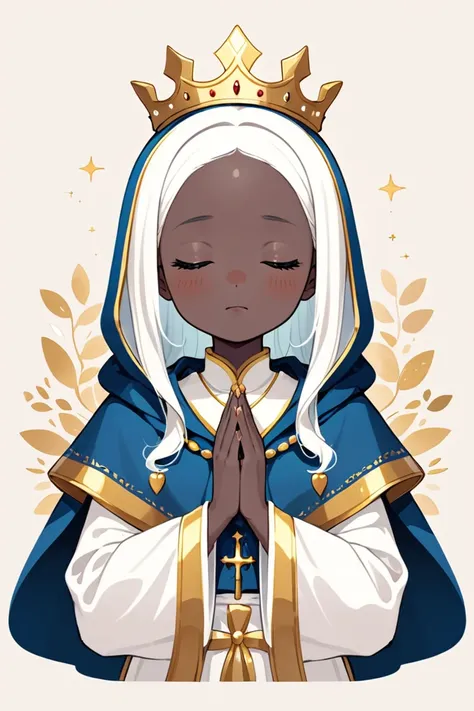 Virgin Mary, black skin, blue cloak adorned in gold, white tunic, hands folded in prayer, eyes closed, a golden crown on her head. The images art style is like and adorable illustration, with soft, rounded strokes, soft colors, and a playful aesthetic. The...