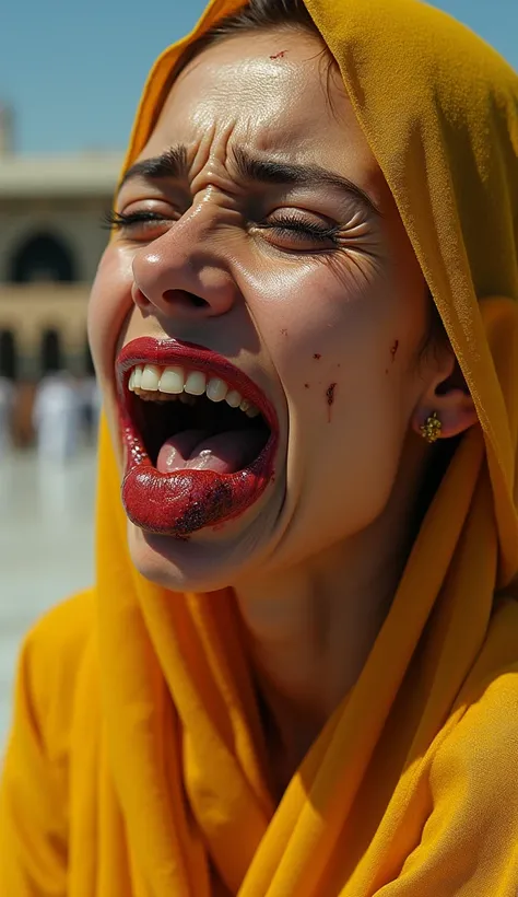 beautiful woman wearing a yellow hijab with a face that is crying hysterically and her lips are drooping like they have been bitten by a bee and are getting bigger, the background is facing away from the Kaaba, realistic HD