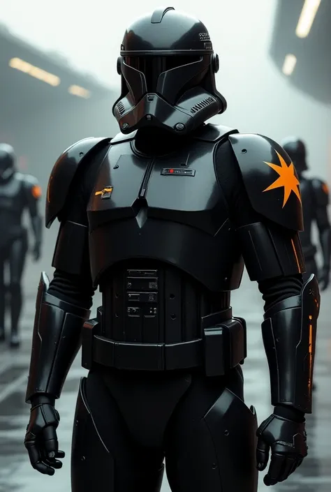 
#CloneTrooper #Armour #StarWars #BlackArmor #Helmet #TacticalGear #PlastoidMaterial #CombatReady #SciFi #Futuristic #Soldier #Battlefield #Commanders #EliteTroopers #Orange star on the chest that goes to the front arm of the armor