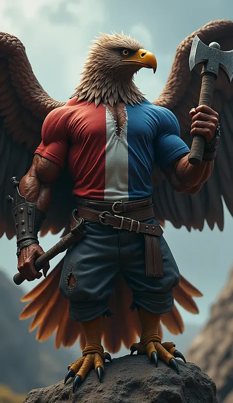 Muscular eagle holding axe with torn shirt from France 