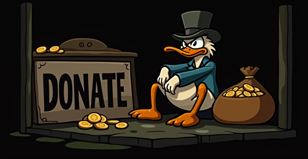 Draw a sign with DONATE , and on the right side of the sign sits a real Scrooge Mac Duck duck with a bag of gold