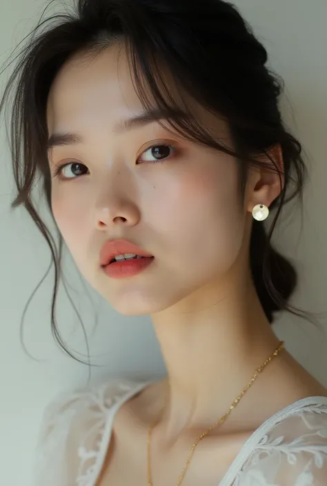 A girl with small earrings, But I want the small earrings to be shown , little circle , From the waist
