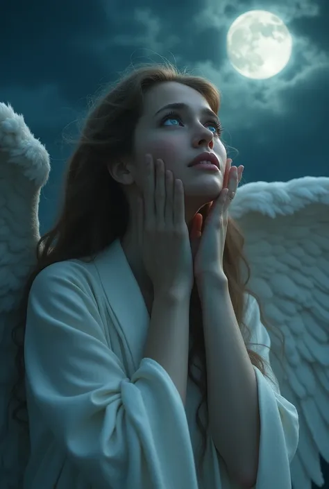 a crying angel, night sky, moon, dramatic lighting, Surreal, ethereal, melancholy, digital art, detailed face, beautiful eyes, long eyelashes, flowing hair, celestial, fantasy, cinematic, emotional, 8k, high quality, photorealistic, intricate details, mast...