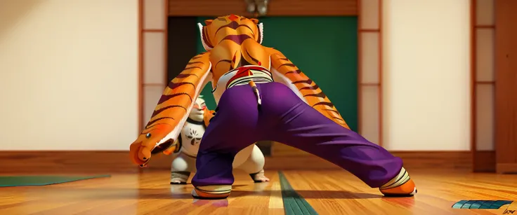 (Caucasian ethnicity) masterpiece , 4K, high quality, tigress(kung fu panda), ass fetish, 2 lesbians , purple pants, loose pants , plain pants ,  martial arts pants , blouse, bare shoulders , home,  lesbian girl smells the horror of her lesbian teachers as...