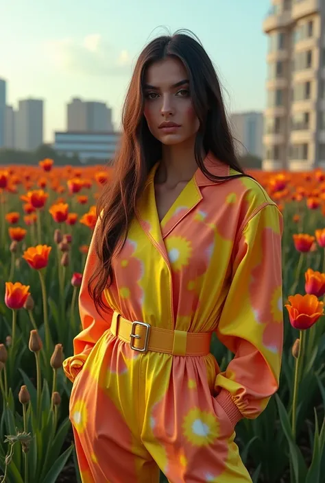 fashion photography of BulanSutena with thin lips, modern fashion, urban lighting, minimalist background, maximalist color flower pattern clothing, unexpected color pattern, branded clothing, iranian model, the background of a large flower garden clear sum...