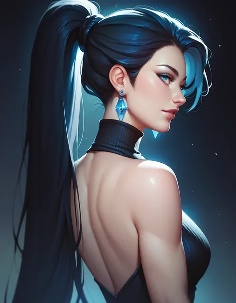 female black sleeveless turtleneck with bare shoulders, bare toned arms, beautiful faces, black haired long ponytail, earrings, soft smooth skin, pale skin, black background, blue eyes, sci-fi