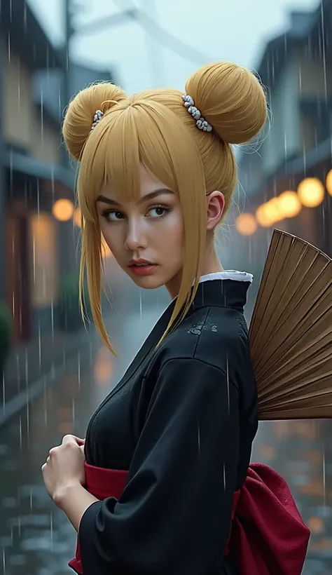 Close up portrait of a woman modeled after the character Temari from the anime series Naruto Shippuden, black and red kimono, she stands in the rain,With his head turned to the side and his eyes looking directly at the camera. his blonde hair was with two ...