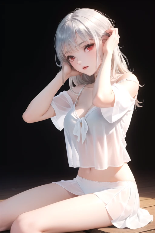 (( The best quality)), ((masterpiece)), (  text), (4k), 1 girl, ((sitting)), ((with a tight miniskirt)), ((neckline)), (( silver hair)), ((Beautiful hair)), ((white panties)), ((red eyes)), (( with her hands on her head )), ((25 years old)), (( front view)...