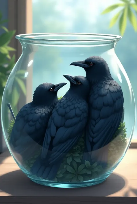 masterpiece, Best Quality, Very detailed, anime, Three black crows are relaxing in a big glass pot,