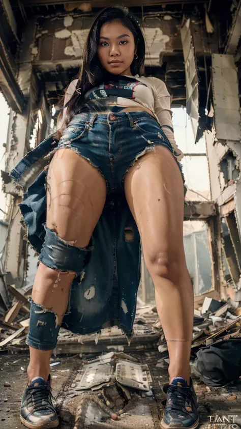   An incredibly beautiful Indonesian girl is being bounced high by a devastating bomb blast that destroys everything nearby including all her thin  clothes, destroying  very bad to all her thin trousers and dress,  wearing dirty and destroyed shoes, as a r...