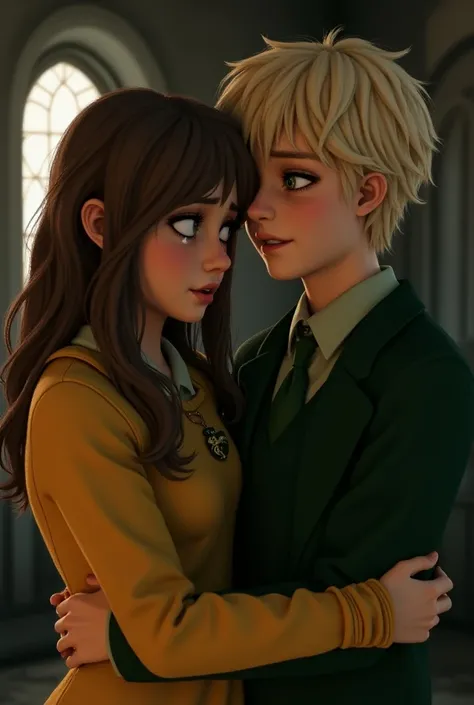 scorpius malfoy character slytherin boy based in Harry Potter movies, boy with slytherin clothes green clothes, hug a hufflepuff girl girlfriend crying, hufflepuff girl yellow clothes with dragon pin and brown hair, little noise and big eyes, love couple: ...