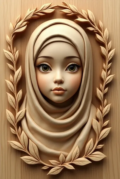 3D image of a girl in a hijab carved on wood with Aura cursive writing