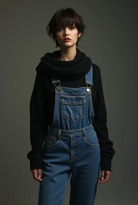 A woman of 1,57 tall brunette  , voluptuous,  short hair very short black cut Pizzi e,  black eyes small lips dressed in a blue jumpsuit Jean sweater black red boots 